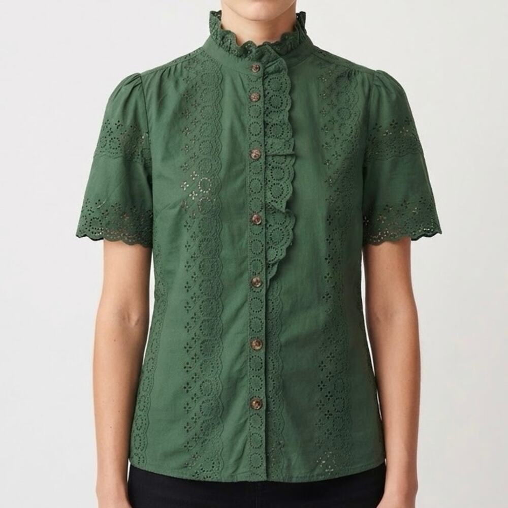 Sézane Louisah Green Organic Cotton Eyelet Ruffle Mock Neck Blouse Size 34 / 2